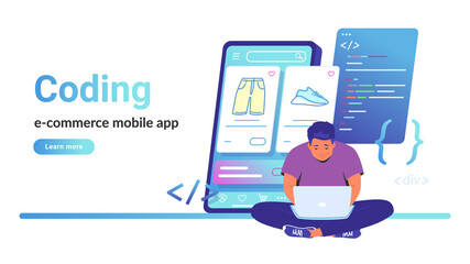 Wall Mural - coding e-commerce mobile app for online store. flat vector illustration of cute man sitting with lap