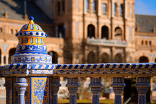 Close Up View Ceramic Tiled Railings Blue White Color Architectural Details Of Plaza De Espana. Main Landmark Of Seville City. Andalusia. Spain