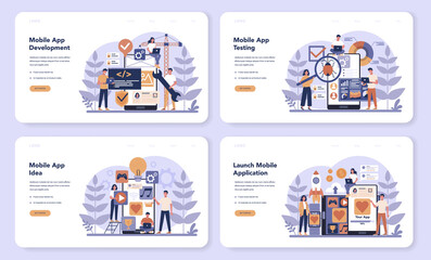 Sticker - mobile app development web banner or landing page set. modern