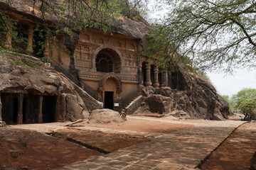  Side view of Nasik Caves aka Pandavleni Caves, Pandu Lena, Pandu Caves or Trirashmi Leni built by Hinayana Buddhists in 3rd century BC. Nashik tourism. Copy space.