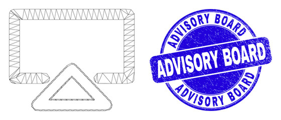 Wall Mural - Web carcass display icon and Advisory Board seal. Blue vector rounded scratched seal with Advisory Board phrase. Abstract carcass mesh polygonal model created from display icon.