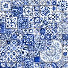 Naklejka na meble Majolica pottery tile, blue and white azulejo, original traditional Portuguese and Spain decor. Seamless patchwork tile with Victorian motives. Vector illustration.