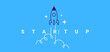 © wowomnom - Vector creative business illustration of fly up spaceship and word startup on blue color background with cloud.
