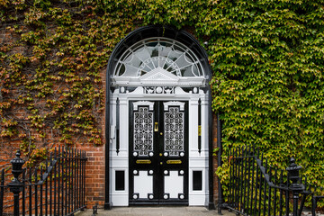 Colorful georgian doors in Dublin, Ireland. Historic doors in different colors painted as protest against English King George legal reign over the city of Dublin in Ireland