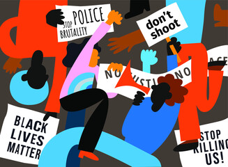 Protests across America banner. People with streamer and signs protesting for Black Lives Matter movement. Vector illustration.