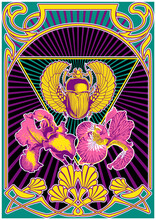Psychedelic Art Style Poster, Egyptian Scarab And Iris Flowers, Art Nouveau Frame, Psychedelic Color Combination, 1960s Hippie Music Album Covers Stylization 
