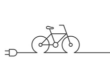 Electric Bicycle With A Plug Line Icon. E Bike Charging Point Symbol. Bicycle With Battery. City Transportation Commuting Concept. Black Outline On White Background. Vector Illustration, Flat,clip Art