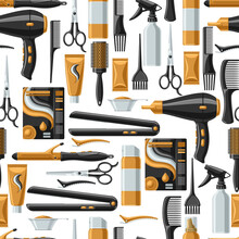 Barbershop Seamless Pattern With Professional Hairdressing Tools.