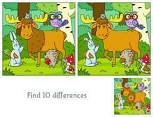 Wild Animals In The Forest. Find 10 Differences. Educational Game For Children. Cartoon Vector Illustration.