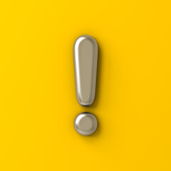 Poster - Metal silver chrome exclamation mark isolated on yellow color background with shadow 3D rendering