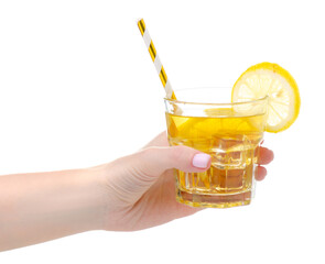 Canvas Print - Glass of lemonade water with lemon, cocktail straw in hand on white background isolation