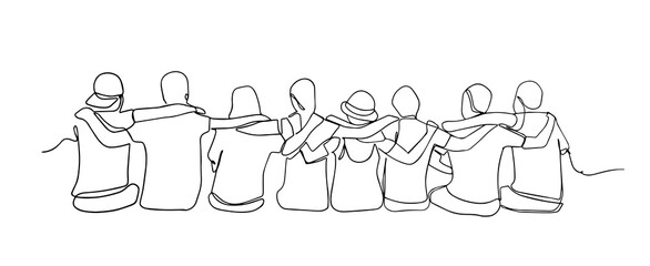 a group of men and women sitting together have their friendship one line drawing. single continuous 