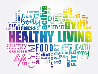 Wall Mural - Healthy Living word cloud collage, health concept background