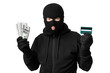 © Prostock-studio - Masked thief showing money isolated over white wall