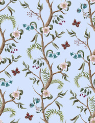 Seamless pattern with peony bushes and flowers in chinoiserie style. Vector.