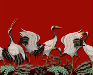 Naklejka na meble Border with Japanese white cranes. Oriental wallpaper.