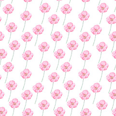 Seamless pattern with pink wildflowers on a light background. Watercolor drawing for textiles, packaging, Wallpaper and backgrounds.
