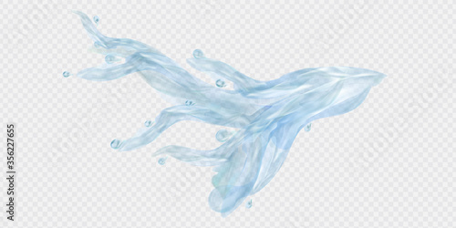 Realistic vector transparent stream of water with splashes and drops of blue. Blank for advertising mineral water soda washing powder. © ejelo