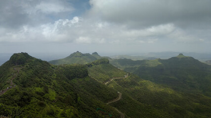 Panoramic view of the mountains from the top of Purandar fort in India