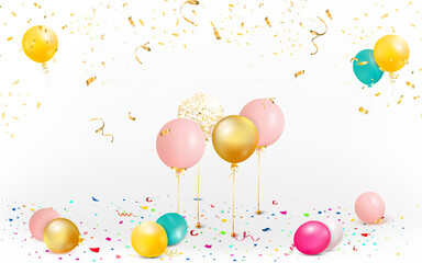 Set of colorful balloons with confetti. Celebrate a birthday, Poster, banner happy anniversary. Realistic decorative design elements. Festive background with confetti flying on the floor and balloons