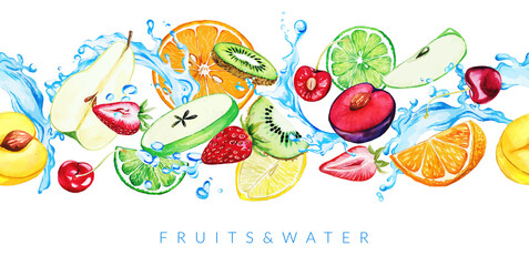  Watercolor garden fruits and water splashes, seamless border