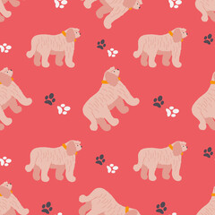 Wall Mural - Seamless pattern with funny cartoon style icon of komondor. Simple background with cute family dog.