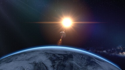 Canvas Print - Sunrise over earth as seen from space. With stars background. 3d rendering