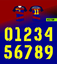 Sport Jersey Shirt Number/ Uniform Numbers In Yellow On Navy Blue Backgrounds  For American Football, Baseball And Basketball Or Soccer For Shirt