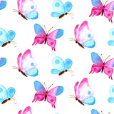 Fototapeta Motyle - Watercolor romantic seamless pattern of color butterflies. Collection of isolated hand drawn insects. For print cards, fashion, linens, fabric, dress, clothes, textile, invitation, wallpapers, banners