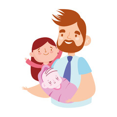 Sticker - young dad with baby and daughter characters, family day