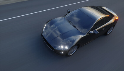 Black sport car on road, highway. Very fast driving. 3d rendering.