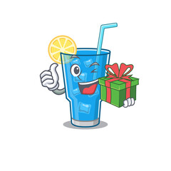 Poster - joyful blue lagoon cocktail cartoon character with a big gift box