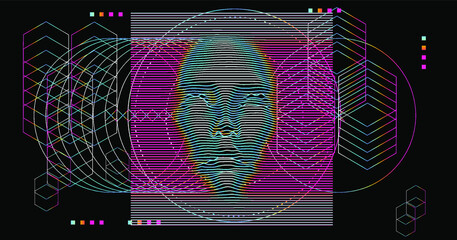 Aufkleber - Artificial Intelligence concept. 3D model of human face made of lines, Op art surreal style.