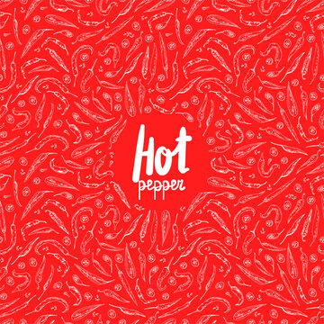 Hand drawn sketch style red Chili peppers label. Ripe and sliced peppers. Color illustration.