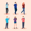 © Gstudio - group people wearing medical mask against covid 19 using smartphone, social media coronavirus concept vector illustration design