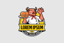 Chef Bull Cartoon Character With Burger Food Vector Logo Template