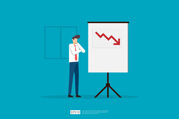 Wall Mural - sad businessman because decrease sales presentation report on whiteboard. business finance crisis concept. lost crisis bankrupt declining. cost reduction. loss of income. vector illustration.