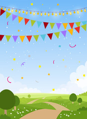 Spring or summer card with meadows, festive card background with place for text. Decorated park with sky, trees, flags, confetti.  Vector flat cartoon illustration.