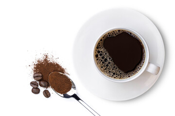 Wall Mural - White cup of hot black coffe with coffe bean isolated on white background. Top view. Flat lay.