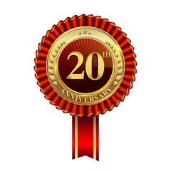 Celebrating 20th anniversary logo, with golden badge and red ribbon isolated on white background.