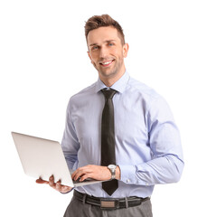 Wall Mural - Portrait of handsome businessman with laptop on white background