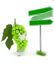 Wall Mural - Grapes character with blank signpost