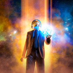 Wall Mural - night of the magician / 3d illustration of suited male figure with astronaut helmet conjuring glowin