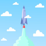 Fototapeta Zachód słońca - Flying a rocket.Startup brainstorming a new project.Flat vector illustration.