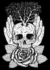 Wall Mural - Wiccan emblem with skull, human hands, rose flower and tree.