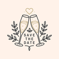 Wall Mural - Wedding invitation card template. Vector. Thin line geometric badge. Outline icon for save the date invitation card design. Modern minimalist design with champagne glass