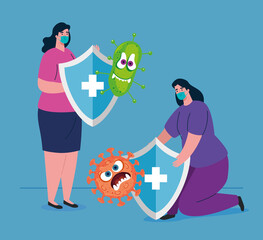 Sticker - women with masks shieds and cartoons design of medical care and covid 19 virus theme Vector illustration