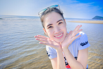 21 May 2017 Chonburi Thailand,Asian women Thai people travel in summer sea beach happy fun long holiday on beautiful beach sea in Thailand