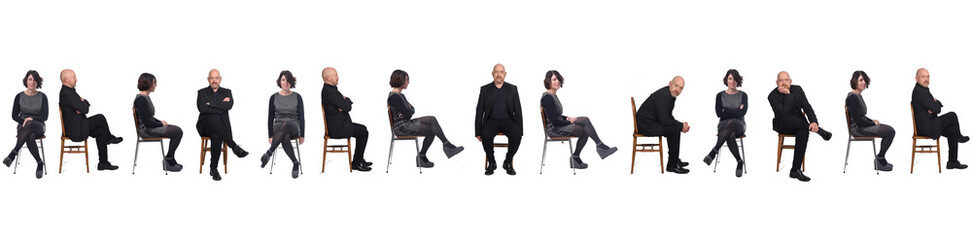 portrait of group of same couple sitting on a chair with front and profile on white background