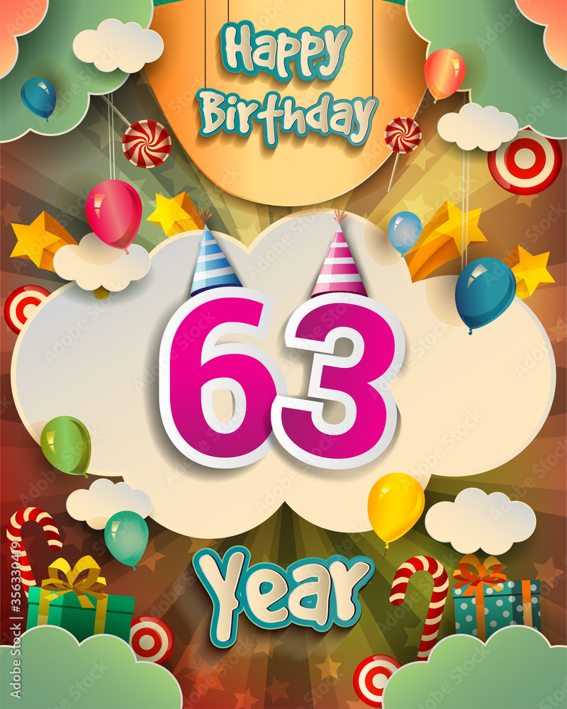 63rd Birthday Celebration greeting card Design, with clouds and ...